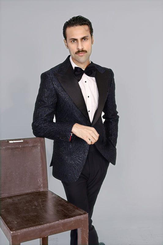 Navy Peak Lapel Jacquard (Custom Made)
