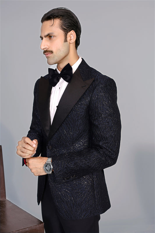 Navy Peak Lapel Jacquard